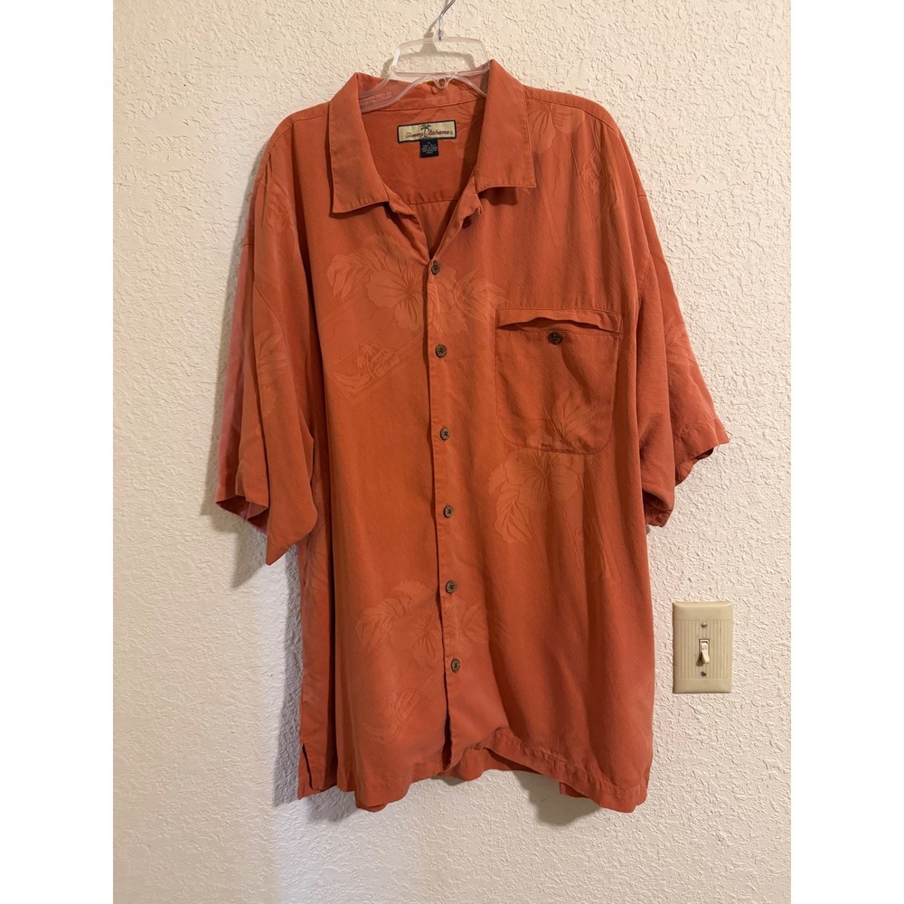 Tommy Bahama Mens XL Silk Short Sleeve Button Down Shirt Coral Orange Jacquard